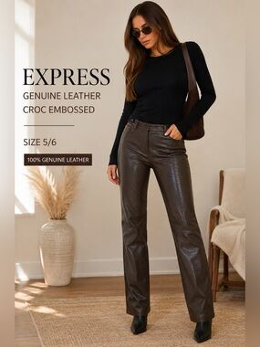 Express Genuine Leather Croc Embossed Brown Pants Size 5/6 Vintage Y2K